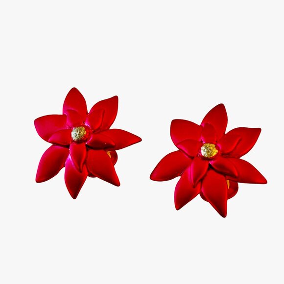 Vintage Red Matte Poinsettia Flower Clip-on Earrings - Picture 6 of 11